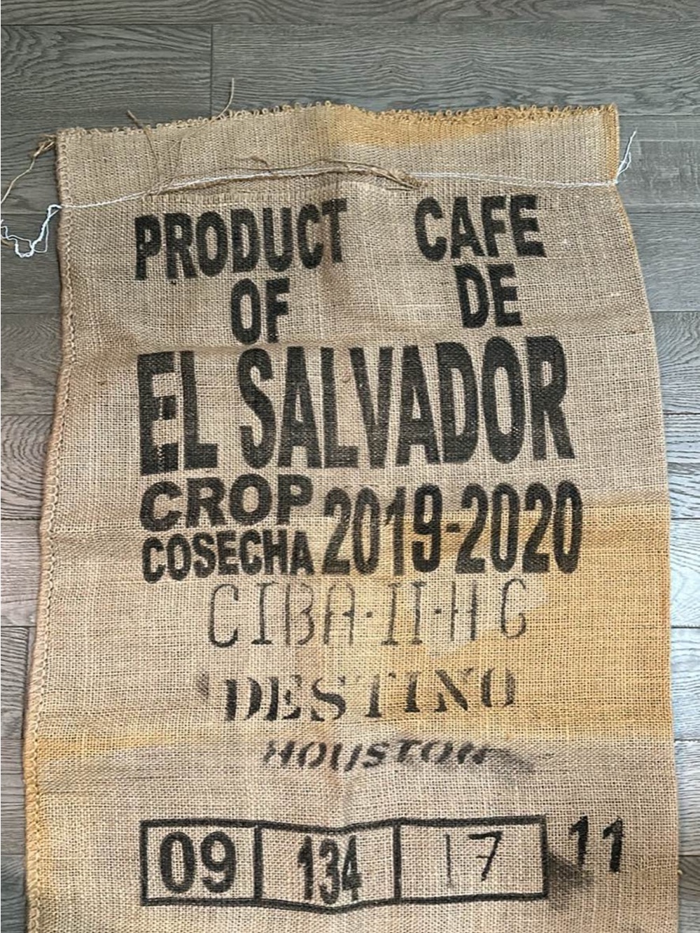El Salvador Coffee Burlap Sack with Black Stencil Print